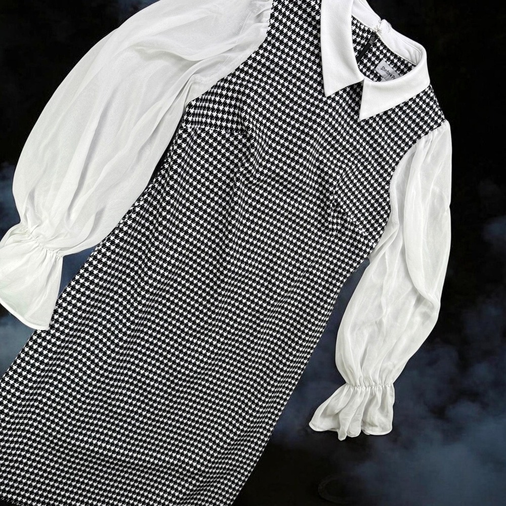 Shelby & Palmer Dress Women 6 Black White Houndstooth Sheer Puff Sleeve Shift
